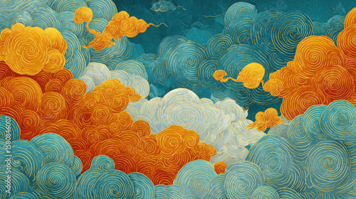 Vibrant swirling cloud pattern, Japanese traditional watercolor