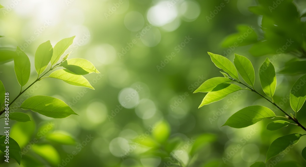 Naklejka premium Green Leaves with Sunlight and Natural Bokeh Background