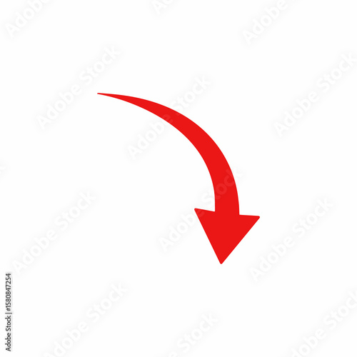 A simple red curved arrow pointing downwards on a white background