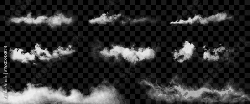 Vector set of transparent smoke, cloud, fog, and steam elements on black background. Realistic overlay effects of mist, haze, and vapor for design, illustration, or atmospheric digital art. Halftone