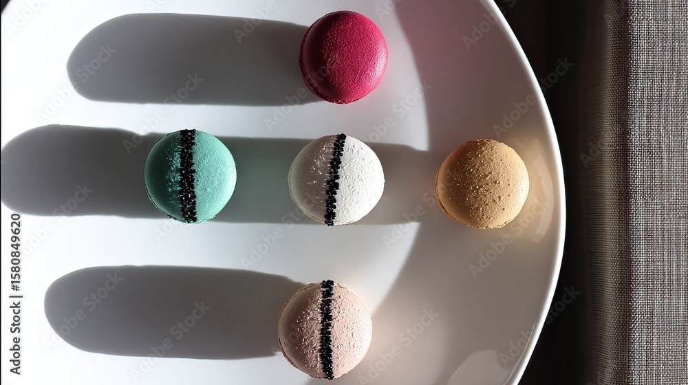Fototapeta premium Colorful macarons on plate, sunlight, interior, dessert