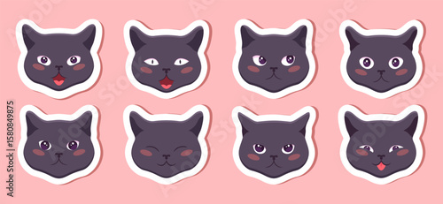 Cute cat faces with different emotions. Stickers with cat emoji. Set of stickers with kitty characters. Vector illustration.
