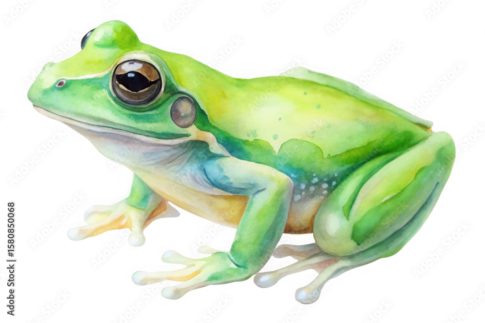 Obraz premium Detailed watercolor painting of a vibrant green tree frog with large eyes isolated on transparent background