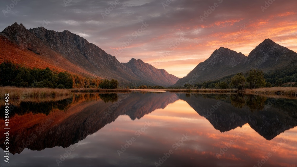Fototapeta premium A still lake at the base of a mountain range reflecting vibrant sunset hues, with clouds glowing pink and orange, tranquil and symmetrical landscape