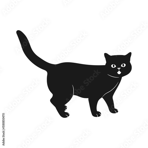 Black cat with big eyes standing and meowing isolated on white background. Vector illustration