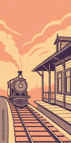 Vintage train arriving at a small-town Nebraska station with a sunset background in modern flat illustration style