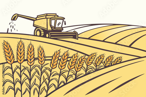 A combine harvester working through golden corn rows during harvest season in modern flat illustration style