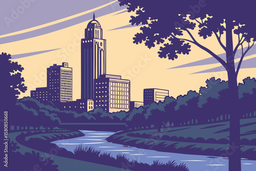 Downtown Omaha skyline at twilight with silhouetted trees and calm river in modern flat illustration style