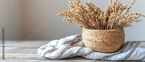 Natural Dried Flowers in Woven Basket on Rustic Wooden Surface