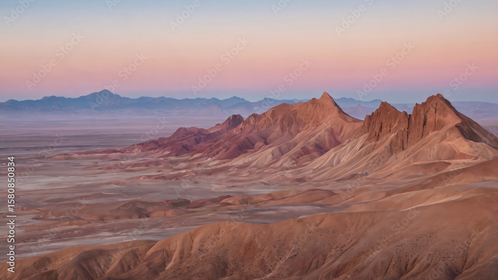 Fototapeta premium A sweeping panorama of rugged desert mountains under a soft, gradient sky of pink and blue, showcasing the vastness and arid beauty of the landscape at dawn or dusk
