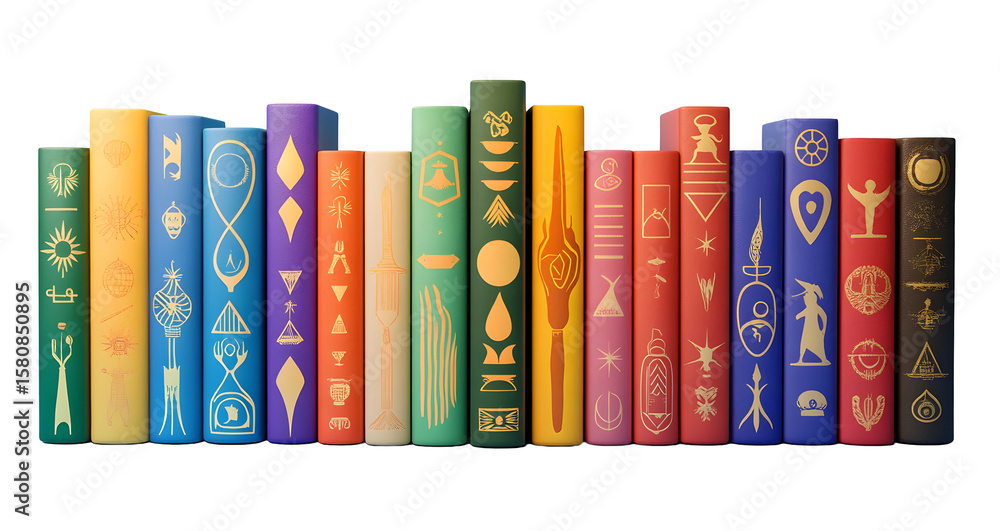 Naklejka premium Collection of Colorful Books with Symbolic Designs on Spines isolated on a transparent background