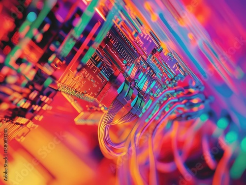 Close-up of vibrant, abstract circuit board.  Intricate wiring and colorful components