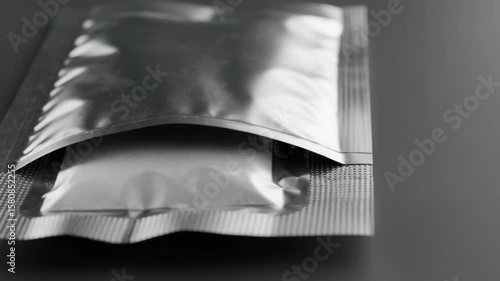 Dynamic Close-Up of Glossy Foil Packets on Dark Background - Packaging Design Mockup