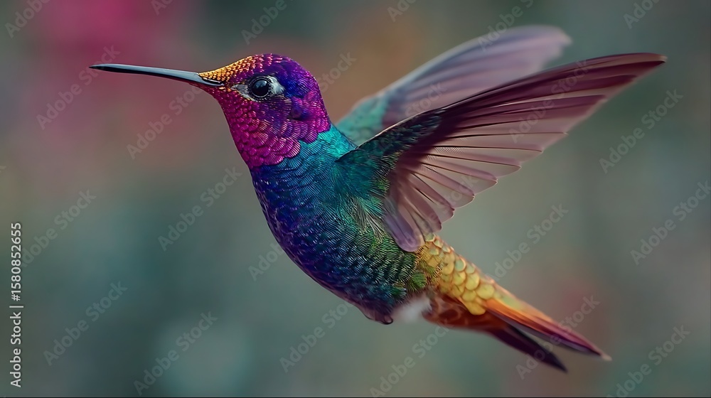 Fototapeta premium Hummingbird Flying with Colorful Feathers
