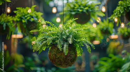 Hanging Fern Kokedama with Modern Pendant Lighting Indoors. Spherical kokedama fern planters suspended in a stylish interior space, complemented by warm globe pendant lights