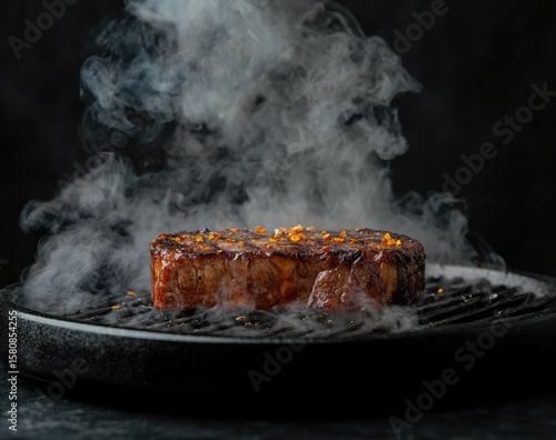 Perfectly seared steak on a hot griddle, rising smoke