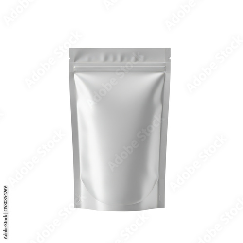 Blank silver foil stand up pouch with zipper closure isolated on transparent background
