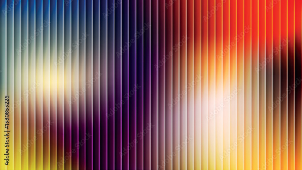 Abstract fractal glass gradient background with mixing blue, purple, orange and yellow blur colors and rippled chrome design. Ribbed lines wallpaper with vibrant flow texture. Vector illustration.