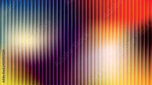 Abstract fractal glass gradient background with mixing blue, purple, orange and yellow blur colors and rippled chrome design. Ribbed lines wallpaper with vibrant flow texture. Vector illustration.