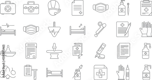Vector art of a collection of linear medical icons showcases essential healthcare equipment, tools, and protective gear, representing various aspects of health and medicine
