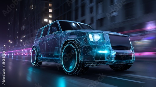 Futuristic Car Driving in City at Night