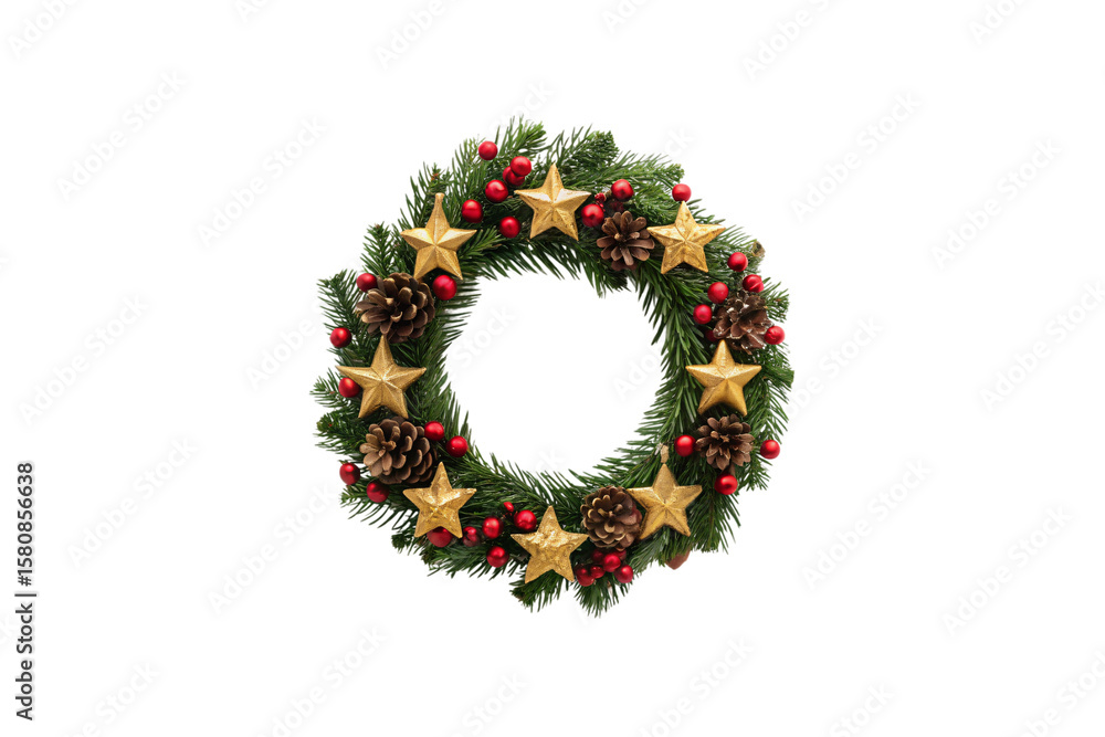 Christmas wreath decorated with gold stars, pinecones and red berries arrangement, isolated on a transparent background Christmas wreath decorated with gold stars, pinecones and red berries arrangement, isolated on a transparent background