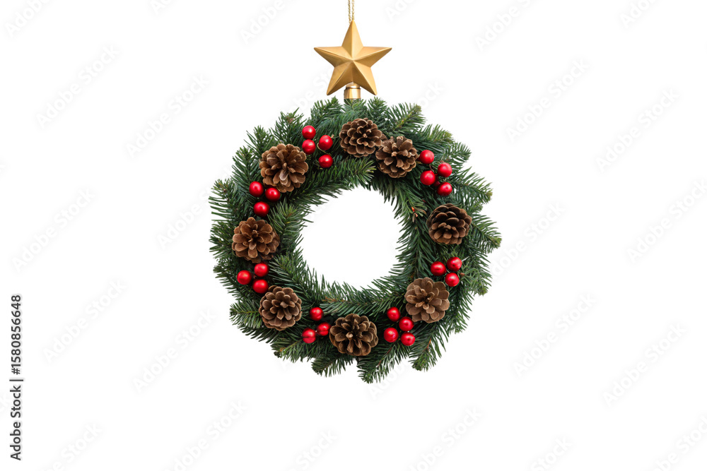 Christmas wreath with evergreen branches, pinecones, red berries and gold star, isolated on a transparent background Christmas wreath with evergreen branches, pinecones, red berries and gold star, isolated on a transparent background