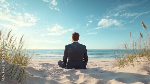 Businessman meditation on beach for stress relief and mindfulness corporate wellness and mental health break silhouette