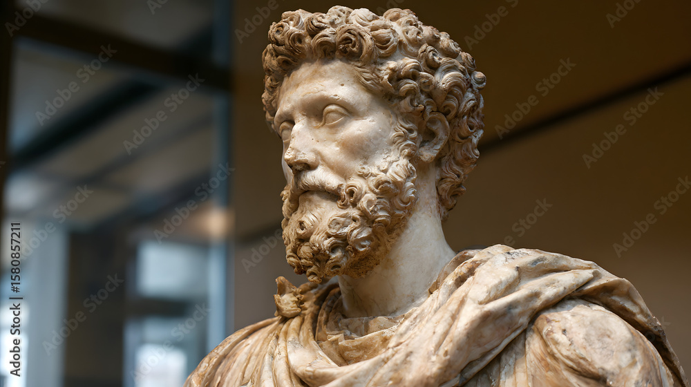 Classic Marble Sculpture of Roman, Detailed Ancient Bust in Museum Classic Marble Sculpture of Roman, Detailed Ancient Bust in Museum