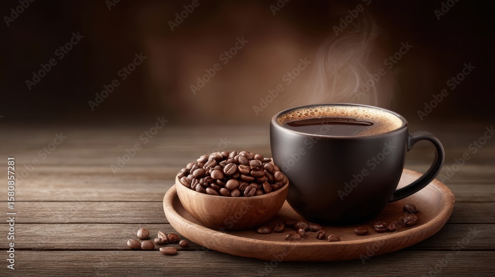 Fototapeta premium Steaming black coffee mug on rustic wooden surface