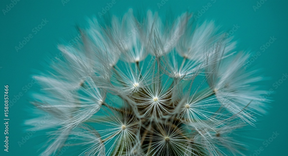 Fototapeta premium Close-up of a faded flower head, showcasing its intricate seed dispersal mechanism against a vibrant turquoise background.