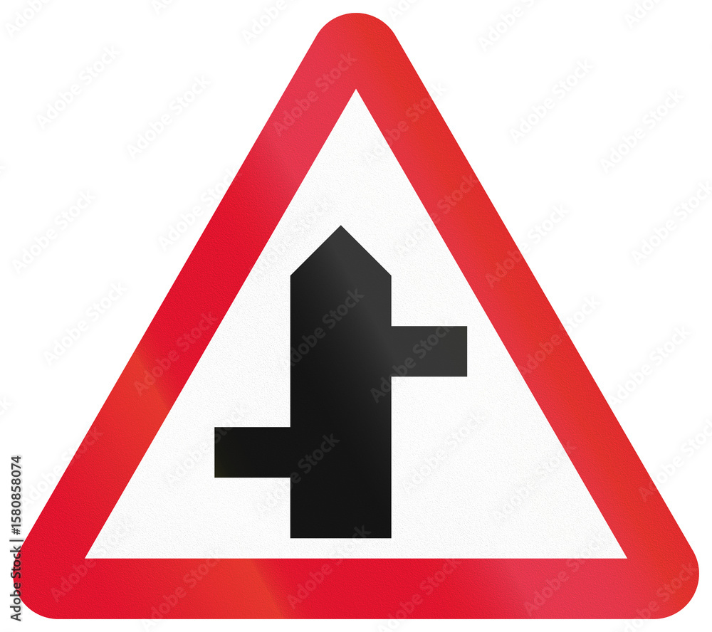 Chinese road warning sign used only in Hong Kong - Staggered junction ahead first on the left and then on the right Chinese road warning sign used only in Hong Kong - Staggered junction ahead first on the left and then on the right