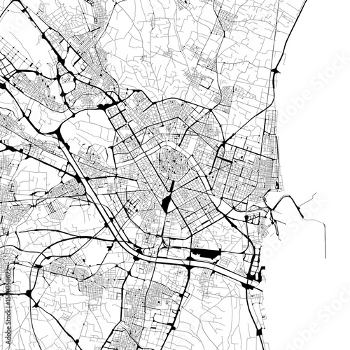Monochrome city map with road and transport network of Valencia, Spain