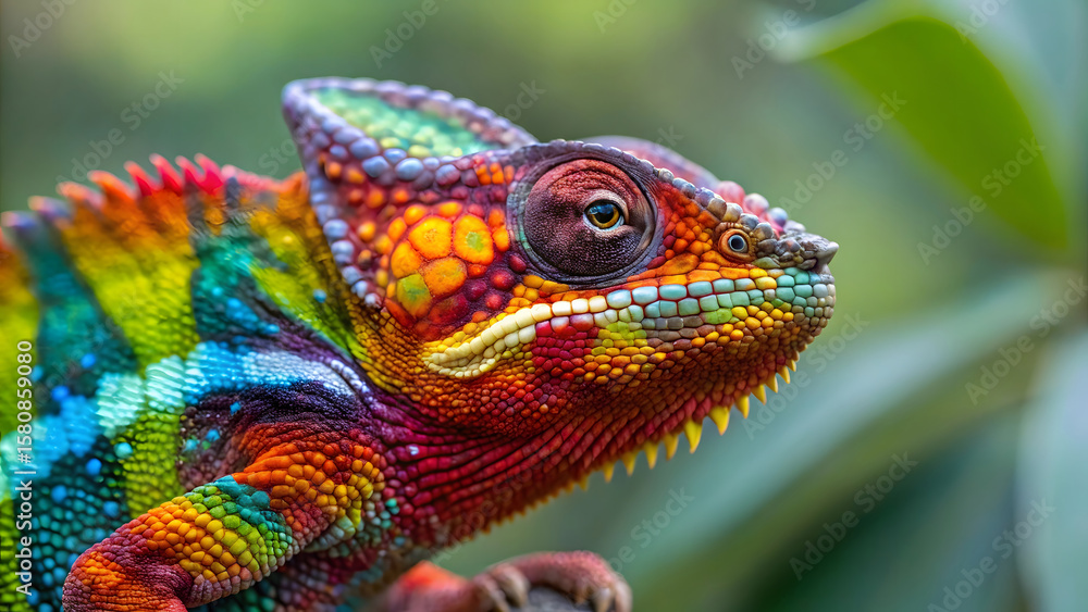 Obraz premium Green iguana lizard closeup showing detailed scales and eye