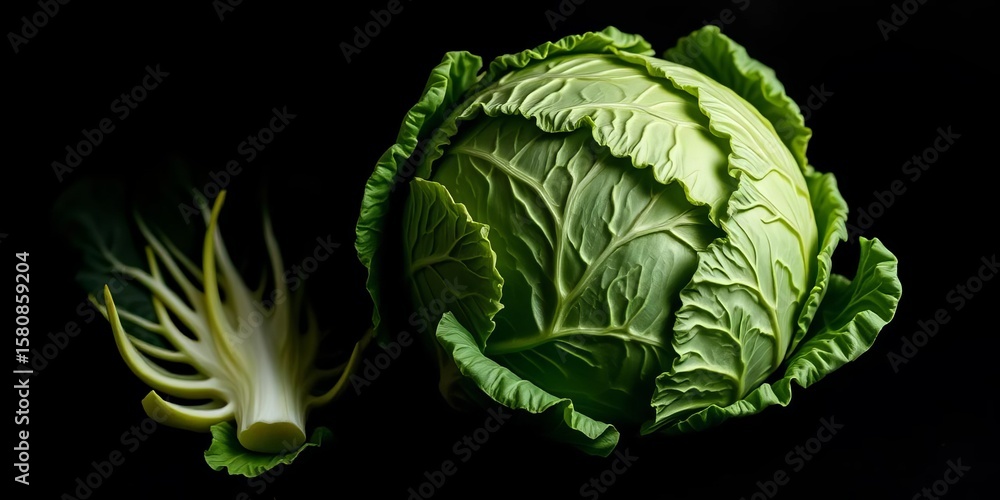 Obraz premium A whole savoy cabbage, vibrant green, sits on a stark black background, contrast, recipe