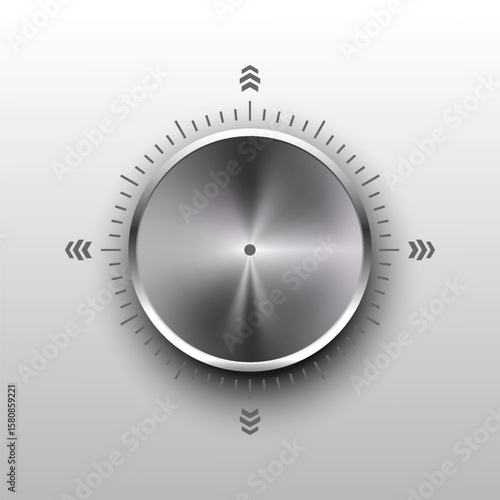Realistic metal knob for audio volume control with brushed steel texture, modern 3D dial design, and chrome finish—perfect for user interface elements, sound adjustment, or tech UI mockups.