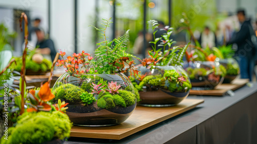 Colorful moss terrariums with miniature plants and foliage arranged in round glass containers on wooden trays, displayed on a table at indoor botanical event with blurred background activity.