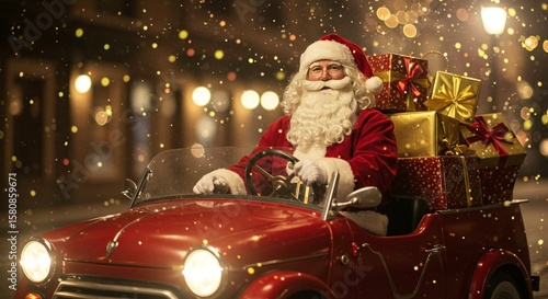 Santa Claus driving a vintage red car filled with wrapped presents on a snowy night, spreading holiday cheer.