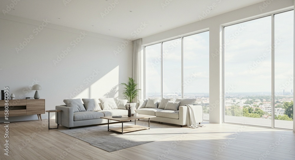 Fototapeta premium Bright living room with comfortable seating, natural light, and a view of the city skyline. Stylish and inviting space.