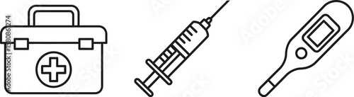Vector art of a first aid kit, syringe, and thermometer are displayed as line drawings isolated on white background, representing essential medical tools for healthcare and emergency situations