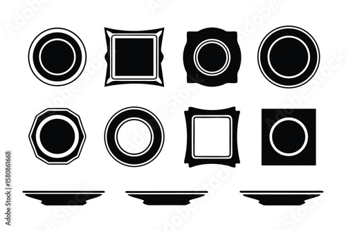 Collection of black and white silhouette icons featuring various circular and square plates with decorative edges and side views