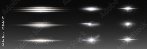 Set of realistic light glare and flash effects. On a transparent background