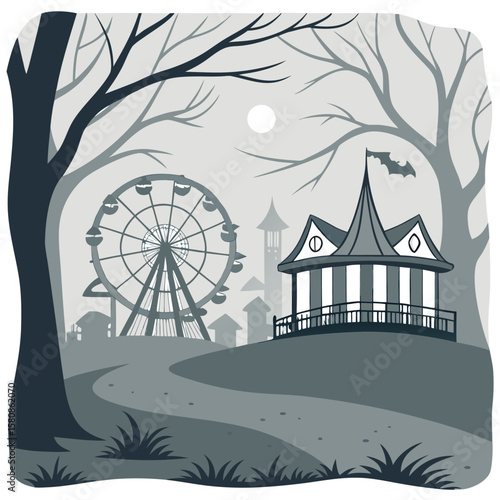 A spooky monochrome illustration of a haunted amusement park at night featuring a ferris wheel a creepy circus tent with a bat flag and bare trees under a full moon