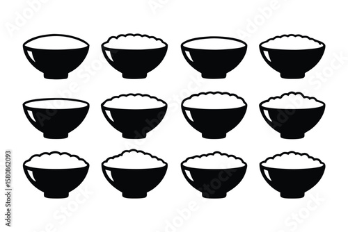 Collection of twelve black and white silhouette icons representing bowls of rice showcasing variations in fullness and texture