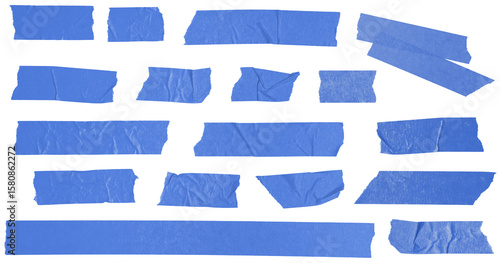 Different Lengths of Blue Masking Tape Arranged on Transparent Background for Crafting and Painting Projects