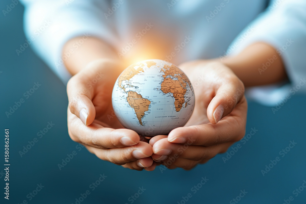 Hands holding small globe with sunlight shining, symbolizing global care and environmental responsibility in peaceful setting Hands holding small globe with sunlight shining, symbolizing global care and environmental responsibility in peaceful setting