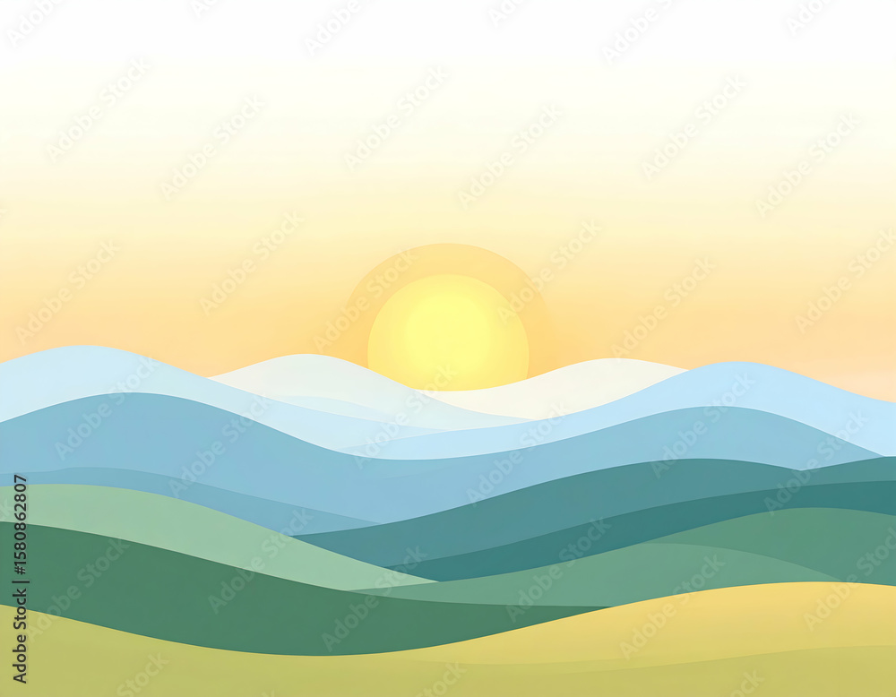 Obraz premium Minimalist sunrise over rolling hills with soft pastel tones. Peaceful landscape illustration ideal for nature, travel, or background designs.