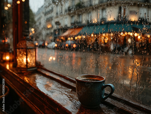a rainy day outside a cafe with raindrops on the window and a steaming cup of coffee on the window sill. The background features blurred lights and the wet pavement, suggesting an urban setting.