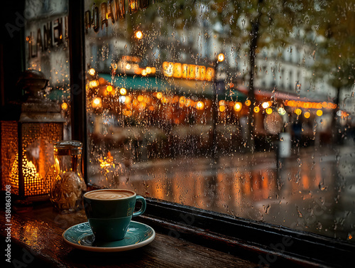 Fototapeta Naklejka Na Ścianę i Meble -  a rainy day outside a cafe with raindrops on the window and a steaming cup of coffee on the window sill. The background features blurred lights and the wet pavement, suggesting an urban setting.