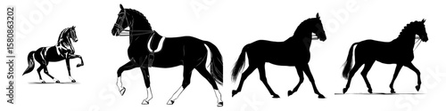 This image shows a black silhouette of a dressage horse poised in a trot, emphasizing balance, elegance, and refinement in equestrianism, presented as modern clipart
